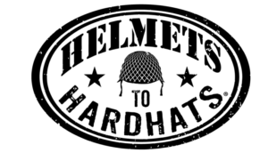 Helmets to Hardhats logo. Oval logo featuring a military helmet in between the words "Helmets" and "Hardhats"